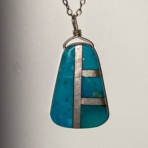 Vintage Navajo Harold Smith Turquoise & Sterling Inlay Pendent 925 Necklace